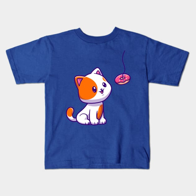 Cute Cat Eating Donut Cartoon Kids T-Shirt by Catalyst Labs